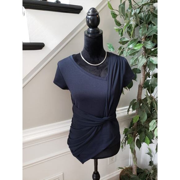 Labwork Faux Wrap Ruched Women's S-P Blue Polyester Short Sleeves Tie Waist Top - Picture 1 of 12